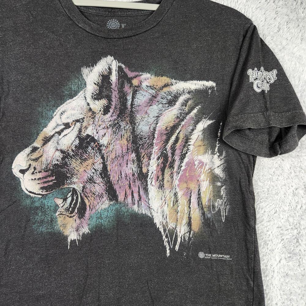 The Mountain Rainforest Cafe Tiger Shirt Mens Small Gray Graphic Tee Nature Logo